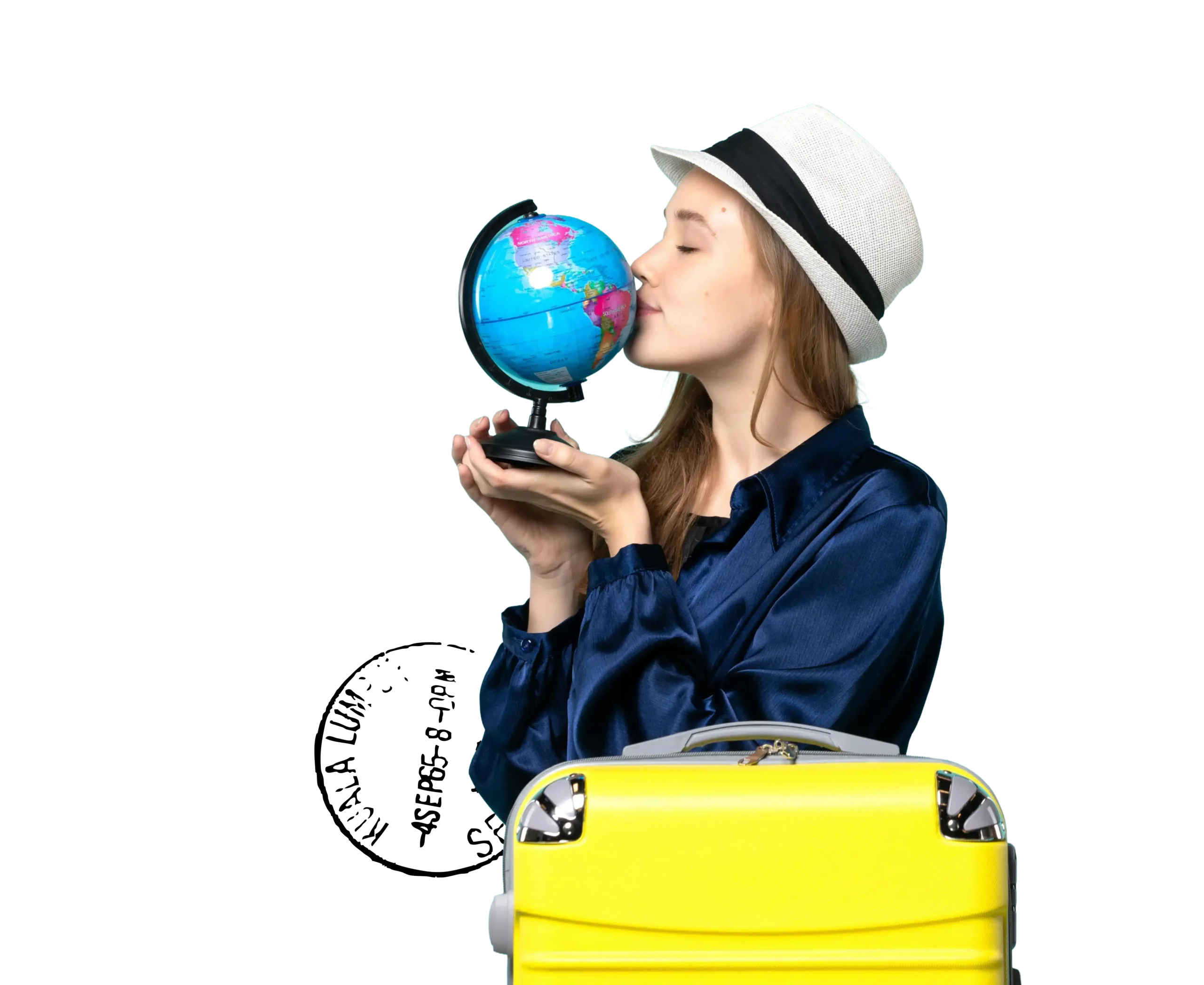 Mulher segurando avião de brinquedo com fundo azul